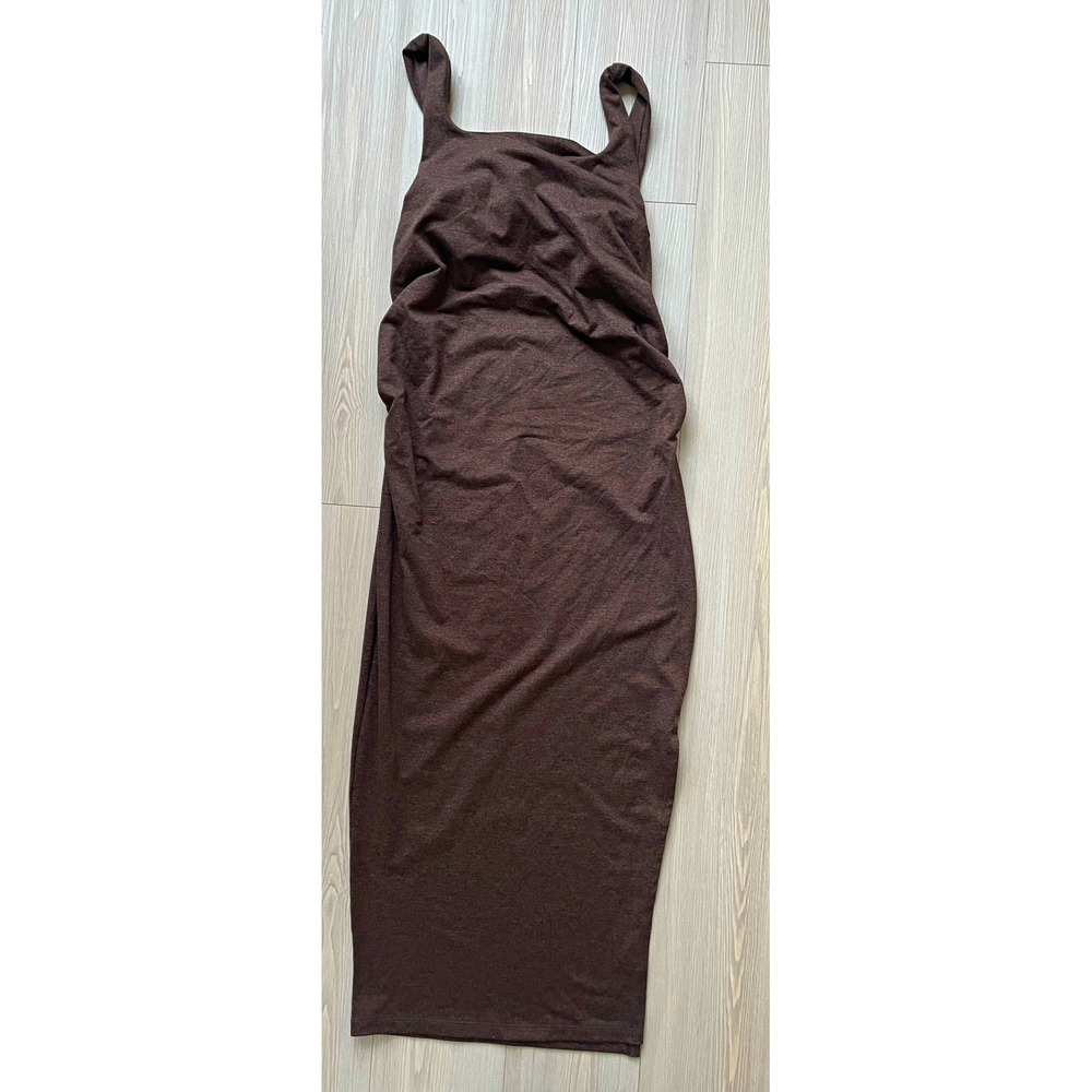 Quince Women's Ultra-Soft Maternity Midi Dress Sz XS Ruched Heathered Brown